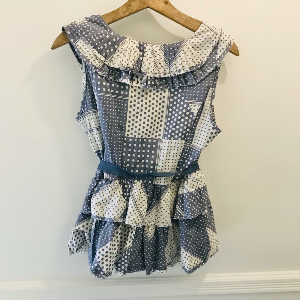 NWT Anthropologie Odille Patchwork Ruffle Top 12 blue white polka dots button - Picture 2 of 11